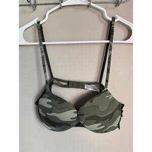 La Senza Camo Push Up Bra Lace Up Ribbon Detail Green Camouflage 36B Edgy Chic